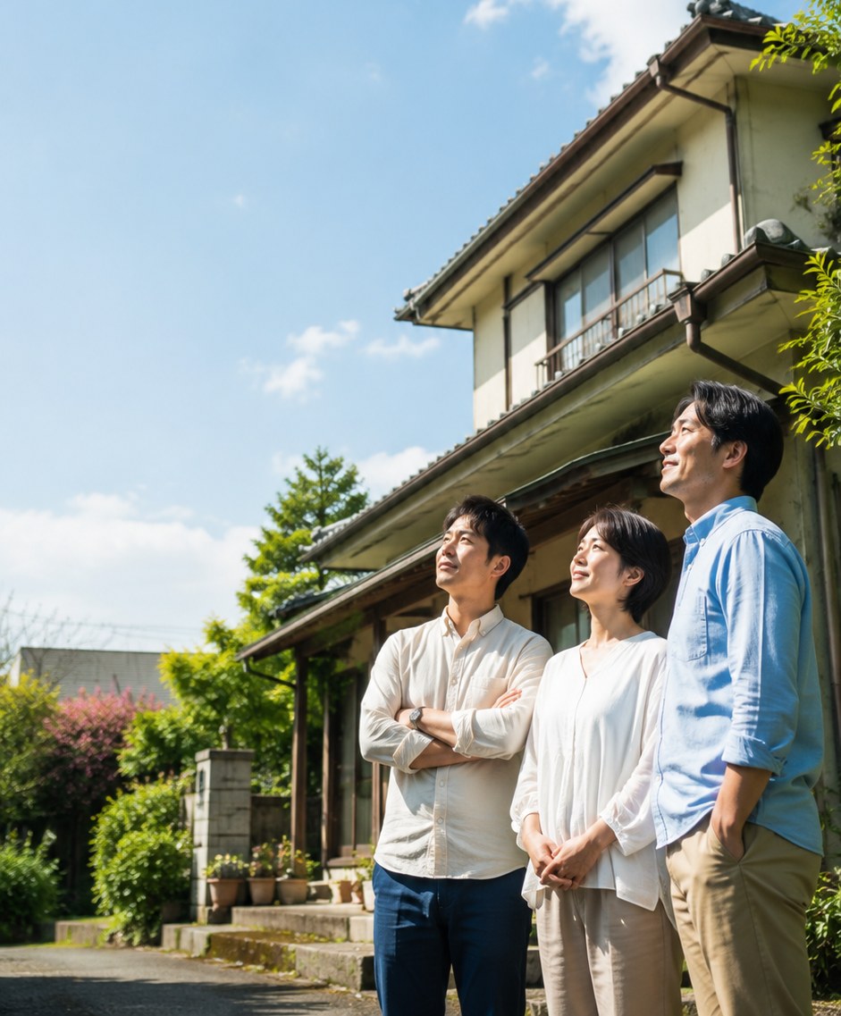 相続した実家の前に立つ家族